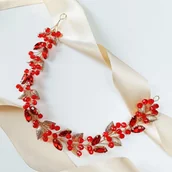 Ozdoby do włosów - złota czerwona GAŁĄZKA opaska do włosów z kryształkami cyrkoniami listkami - miniaturka - grafika 1