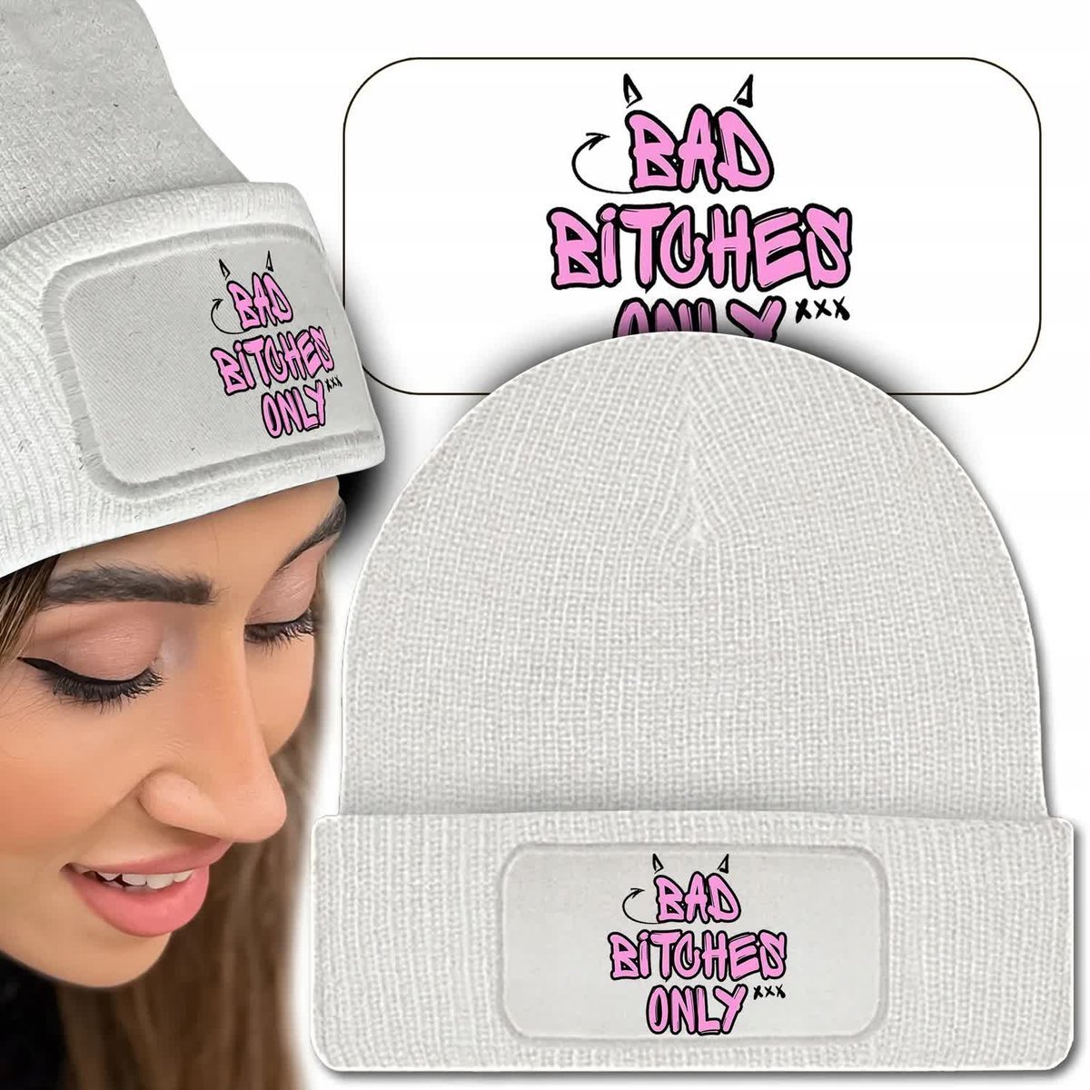 Ciepła Zimowa Czapka Biała BAD BITCHES Modne Wzory