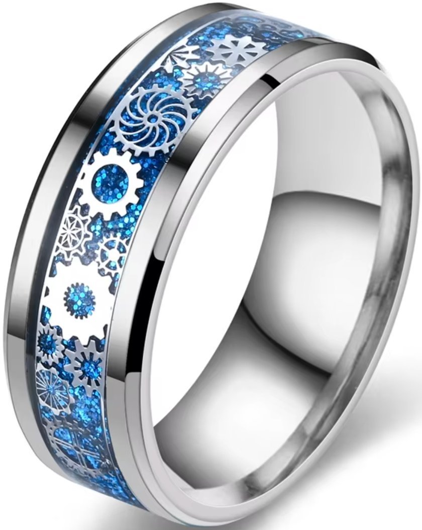 Srebrny Pierścień Steampunk Koła Zębate Industrialny Niebieski Szlachetna