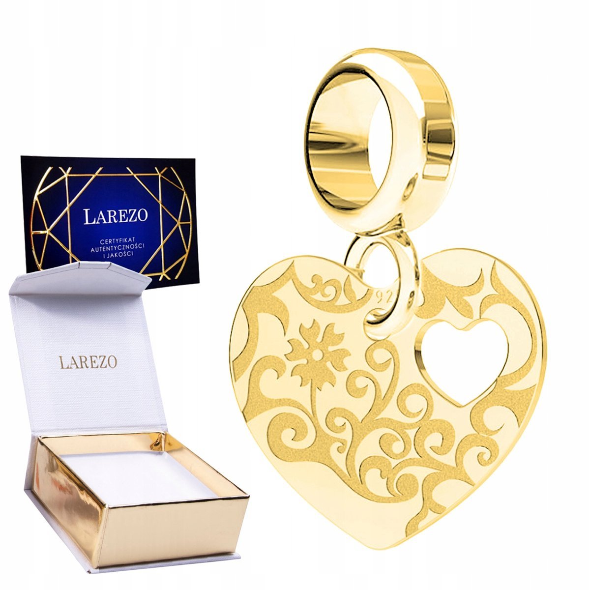 CHARMS ZŁOTY Wiszący Blaszka z Sercem Kwiatami Serduszko Kwiaty SREBRO 925