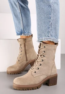 Beżowe Botki Workery na Obcasie Ozdobione Wiązaniem Timette - Botki damskie - miniaturka - grafika 1