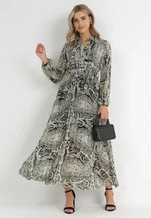 Beżowo-Czarna Sukienka Rozkloszowana z Wiązanym Paskiem Gylten - Sukienki - miniaturka - grafika 1