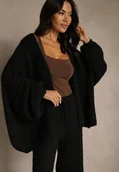 Swetry damskie - Czarny Niezapinany Kardigan Nietoperzowy z Dodatkiem Wełny i Wiskozy Rallidia - miniaturka - grafika 1
