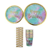 Naczynia i sztućce jednorazowe - KOLOROWE TALERZE KUBKI SŁOMKI PAPIEROWE URODZINY - miniaturka - grafika 1