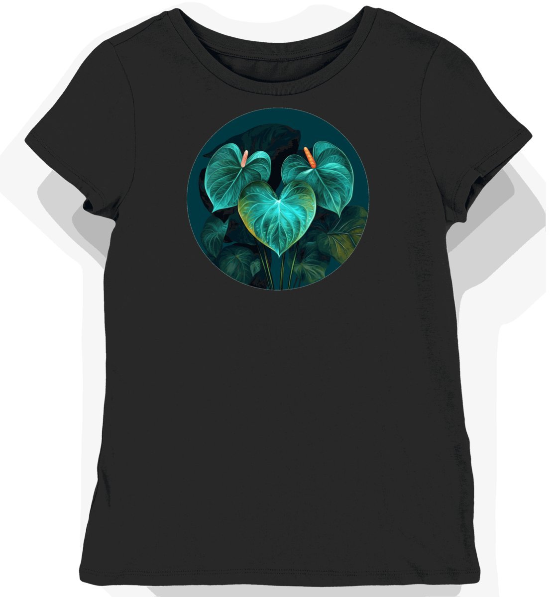 Koszulka damska czarna z motywem serca i egzotycznych kwiatów L