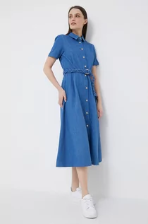 Sukienki - Tommy Hilfiger sukienka jeansowa kolor niebieski midi rozkloszowana - grafika 1