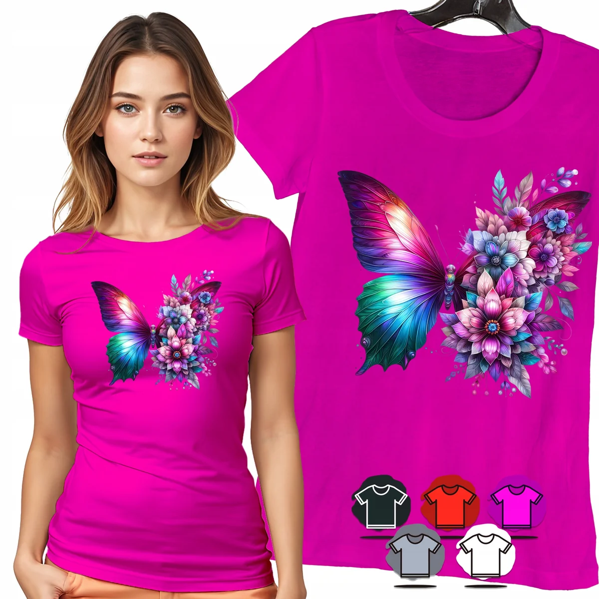 KOSZULKA DAMSKA T-SHIRT - MOTYL TĘCZOWY BUKIET KWIATÓW WZÓR DLA NIEJ - 3XL