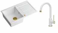 Zlewozmywaki z baterią - Quadron Zlewozmywak granitowy jednokomorowy 78*50*22 cm z ociekaczem MORGAN 111 SNOW WHITE ze złotym odpływem z baterią INGRID Q LINE SNOW WHITE kolor biały mat/wykończenie złote - miniaturka - grafika 1