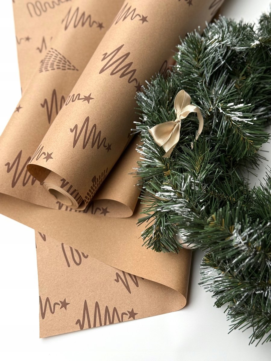 Papier kraftowy ze wzorem Choinka, karmel 60cmx10m do pakowania prezentów