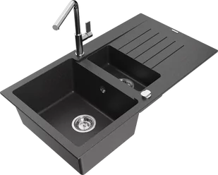 Mexen Matias zlewozmywak granitowy 1,5-komorowy z ociekaczem i baterią kuchenną Flora, czarny nakrapiany - 6502-76-670401-00 - Zlewozmywaki z baterią - miniaturka - grafika 1