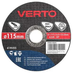 VERTO Tarcza szlifierska do metalu 115 x 6,0 x 22,2 mm - Akcesoria do elektronarzędzi - miniaturka - grafika 1