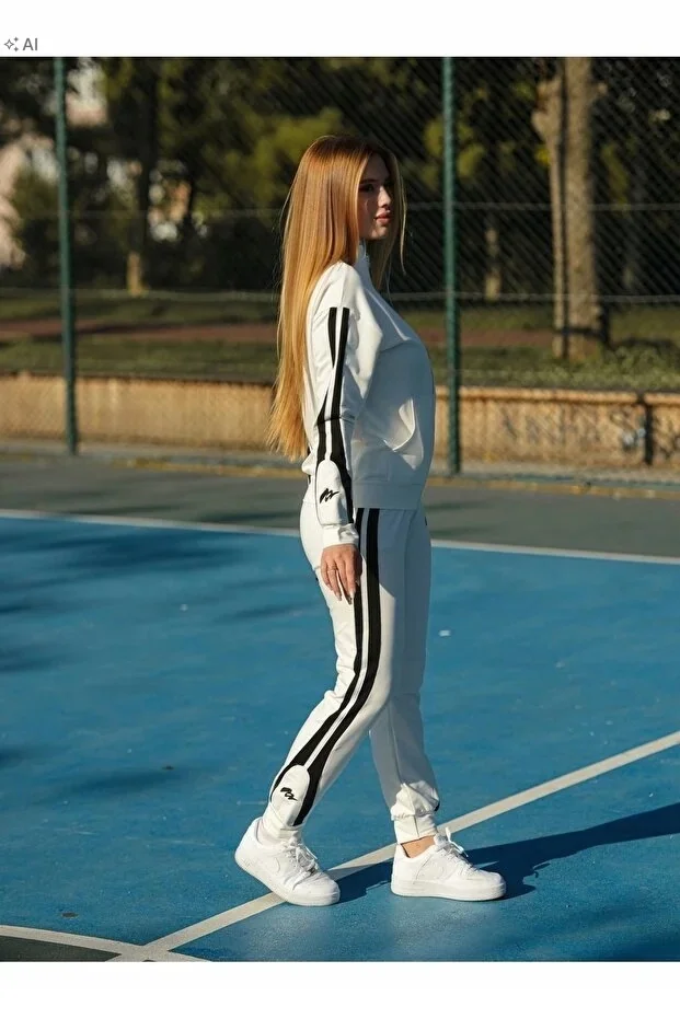 DRES KOMPLET DAMSKI GŁADKI SPORTOWY W PASKI CZARNY XL 5IA