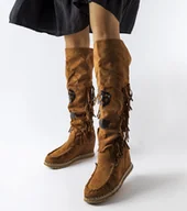 Botki damskie - Brązowe kozaki na koturnie Cascia-37 - miniaturka - grafika 1