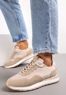 Sneakersy damskie - Ciemnobeżowe Sneakersy Zdobione Wstawkami z Imitacji Skóry Fayela - miniaturka - grafika 1