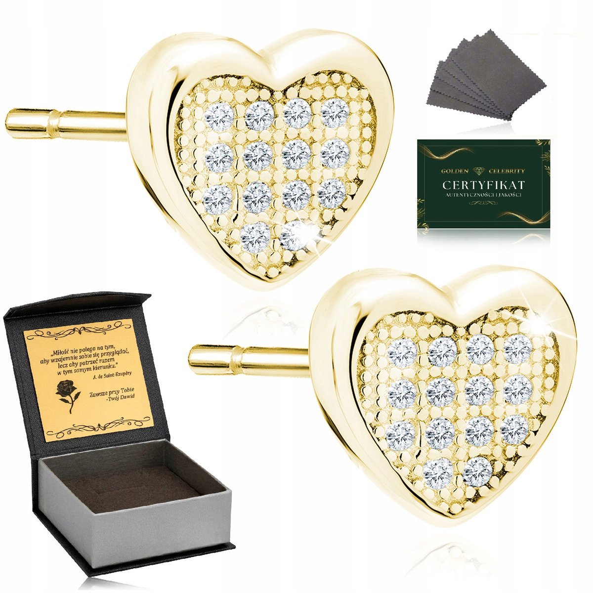 Złote Kolczyki Damskie Serca Z Cyrkoniami Srebro 925 Pozłacane + Grawer