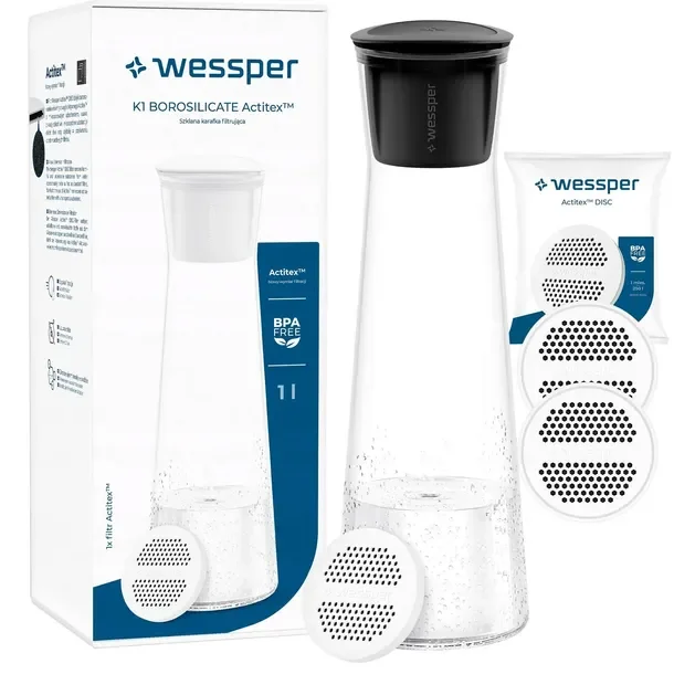 Szklana Karafka na Wodę i Napoje WESSPER 1L z 3 Filtrami do Wody Kranowej