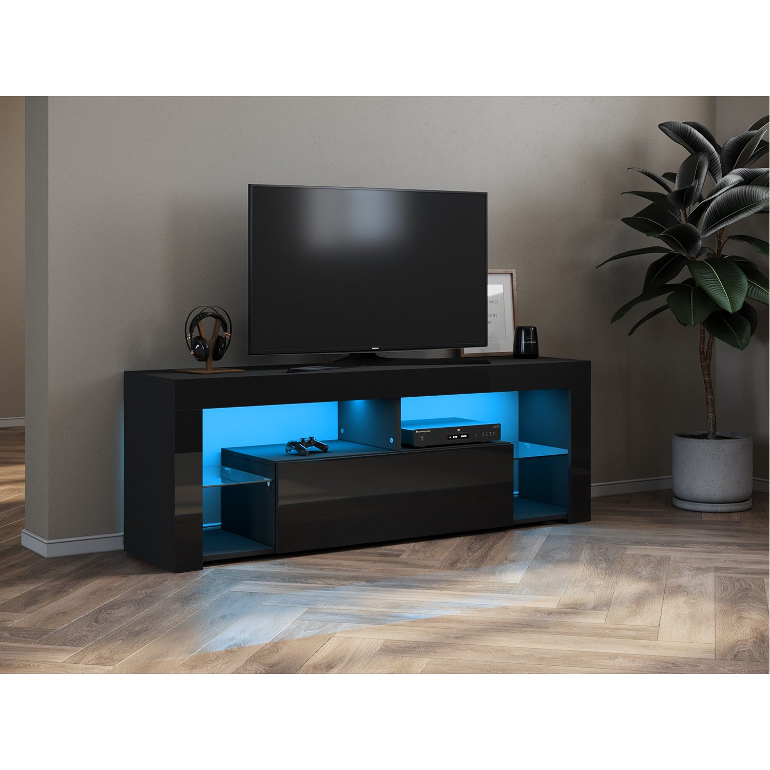 Szafka pod telewizor SONNI czarna wysoki połysk 140x35x50,5cm z wielokolorową regulowaną listwą oświetleniową LED