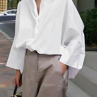 Koszule damskie - TEMU Damska codzienna koszulka z długim rękawem z kontrastową kołnierzykiem, jednokolorową poliestrową tkaniną 100% z jednym przeszyciem, regularną - miniaturka - grafika 1