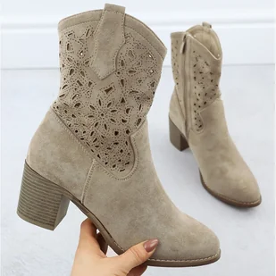 Botki damskie ażurowe zamsz beżowe S.Barski HY51-125 beżowy - Botki damskie - miniaturka - grafika 1