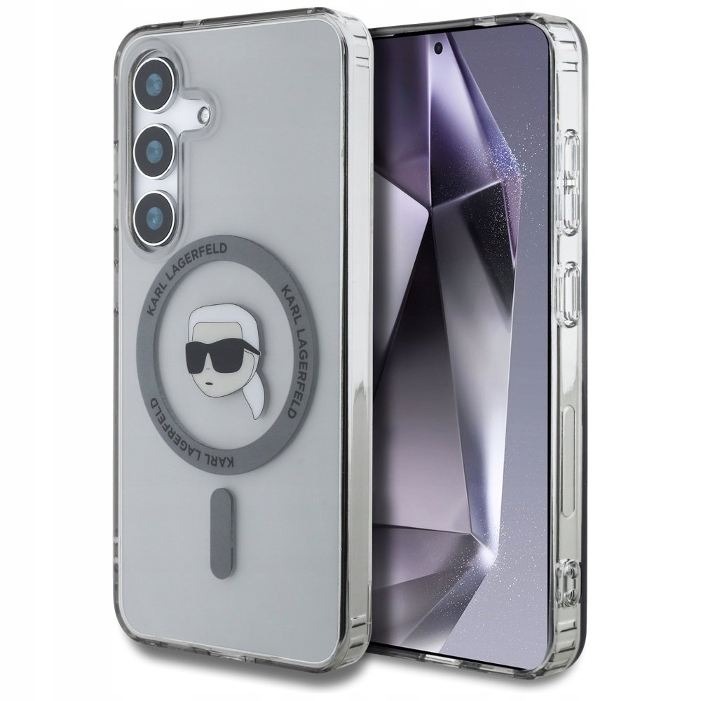 Karl Lagerfeld Etui Button Karl Head Printed Logo MagSafe do Galaxy S25, półprzezroczysto-szare