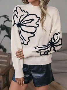 SHEIN DAMSKI SWETER BEŻOWY ZE WZOREM KWIATKA S ŁUA - Swetry damskie - miniaturka - grafika 1