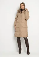 Kurtki damskie - Ciemnobeżowa Długa Kurtka Pikowana z Kapturem Genama - miniaturka - grafika 1