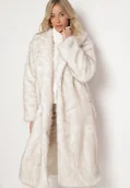 Płaszcze damskie - Biały Zimowy Płaszcz Futro o Dłuższym Kroju z Wsuwanymi Kieszeniami Evelinitha - miniaturka - grafika 1
