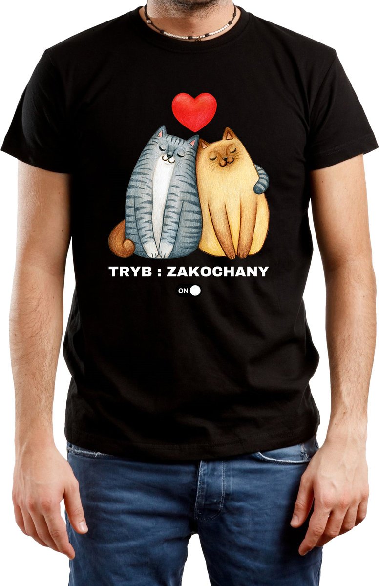 T-Shirt Męski Na Walentynki Kot Koty Prezent Koszulka Czarna R-M A538
