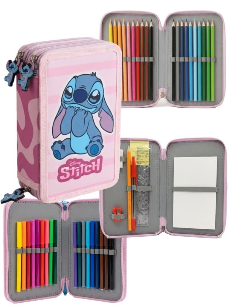 Piórnik szkolny z wyposażeniem trzykomorowy Stitch 42el. różowy
