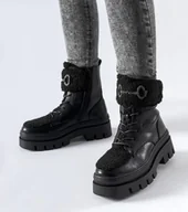 Botki damskie - Czarne ocieplane workery z klamerką Highland-37 - miniaturka - grafika 1