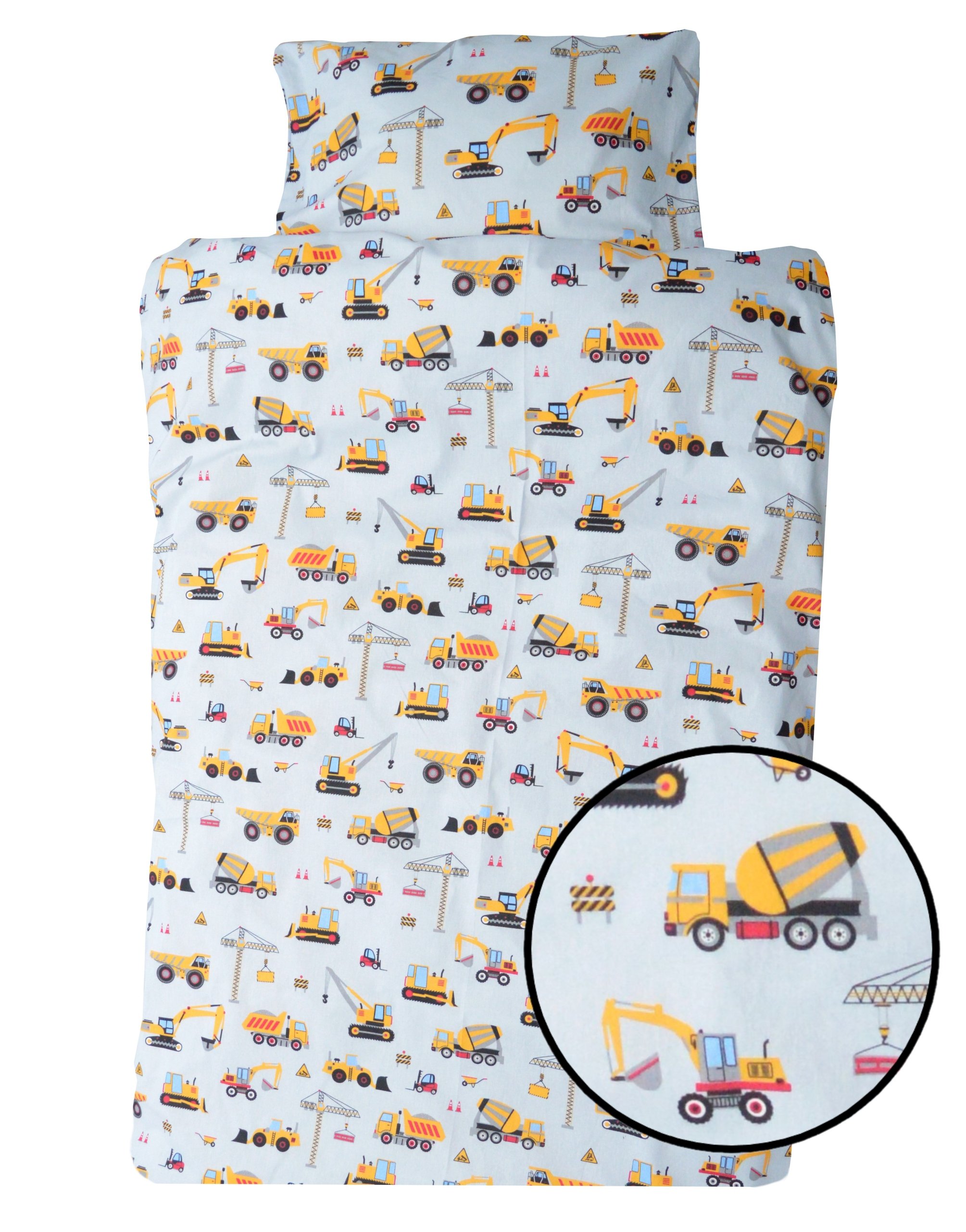 Pościel dziecięca 100x135 chłopięca Koparki budowa żółte na szarym tle