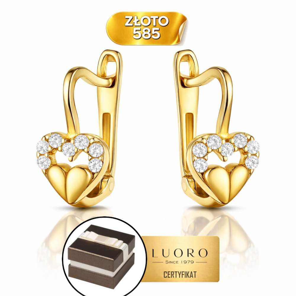 KOLCZYKI ZŁOTE 585 14K SERDUSZKO Z CYRKONIĄ ANGIELSKIE ZAPIĘCIE 11 MM