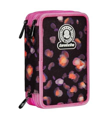 Invicta Piórnik szkolny z 3 suwakami, różowy i czarny, potrójna przegródka, w komplecie z długopisami, ołówkami i markerami, akcesoria szkolne, akcesoria do plecaka, szkoła podstawowa, dziewczynka,