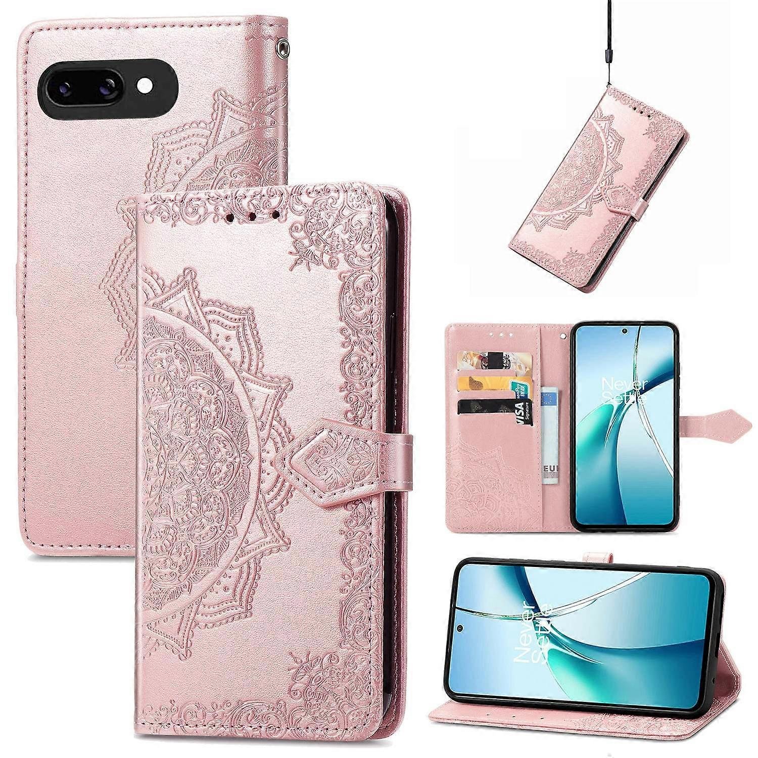 Do Google Pixel 9a Portfel Etui Mandala Kwiat Skórzany Pokrowiec na Telefon Stojak - Różowe Złoto Wielobarwny Rose Gold