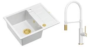 Quadron Unique Zlewozmywak granitowy jednokomorowy 62*50*22 cm z ociekaczem MORGAN 116 SNOW WHITE z syfonem Push-2-Open w kolorze złotym z baterią GEMMA Q LINE SLIM z ruchomą wylewką kolor biały mat/wykończenie złote/biały wąż - Zlewozmywaki z baterią - miniaturka - grafika 1