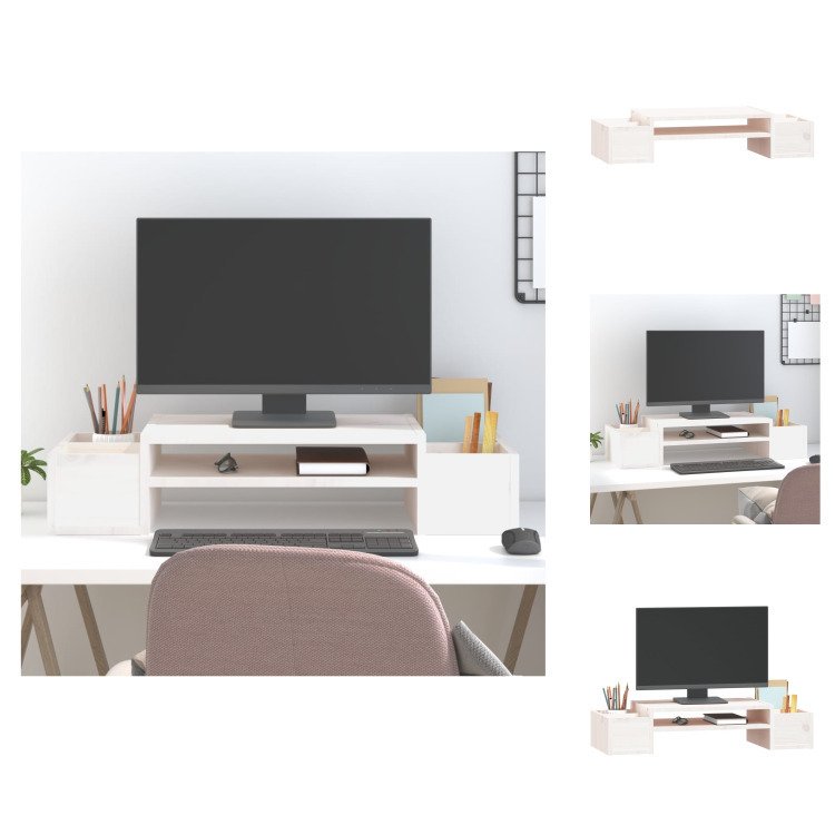 vidaXL Podstawa pod monitor biała 70x27,5x15 cm lite drewno sosnowe - Podstawa pod monitor komputerowy