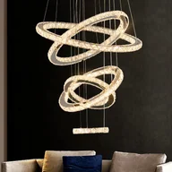 Lampy sufitowe - Nowoczesny żyrandol z przezroczystego kryształu K9, oświetlenie sufitowe, lampa wisząca z 5 źródłami światła do salonu, jadalni, restauracji, przedpokoju (złoty) - miniaturka - grafika 1