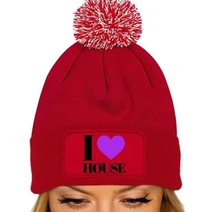 CZAPKA POMPON Bawełna ZIMOWA Czerwona Dla Miłośnika Muzyki I LOVE HOUSE Wz - Czapki damskie - miniaturka - grafika 1