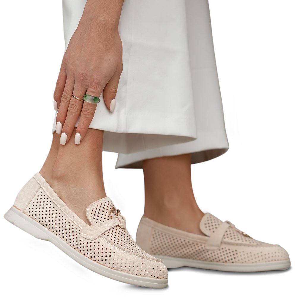 Półbuty Eleganckie Damskie Zamszowe Mokasyny Ażurowe Permani Alisa Beżowe 39