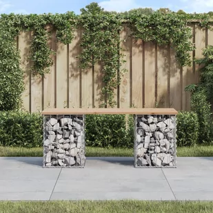 vidaXL Ławka ogrodowa, gabion, 103x31x42 cm, lite drewno sosnowe - Ławki ogrodowe - miniaturka - grafika 1