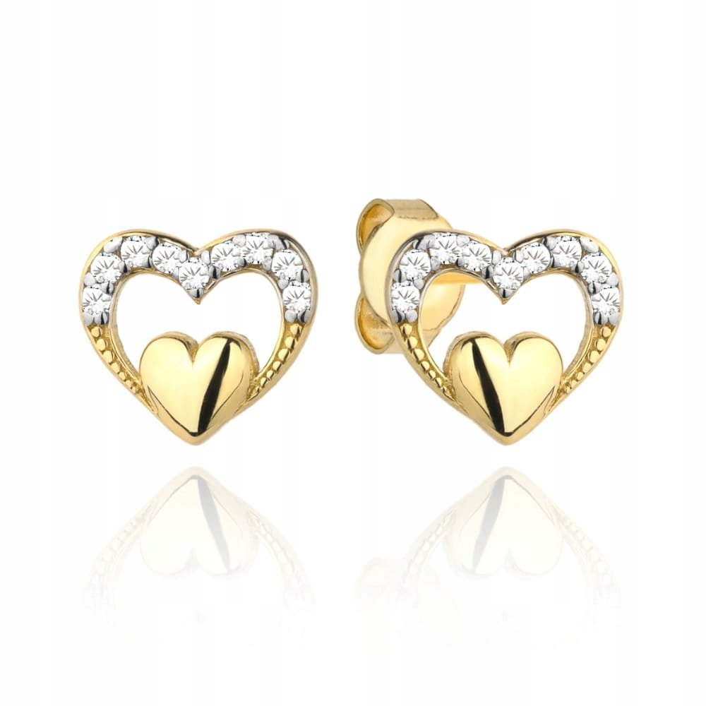 Złote kolczyki 585 Serduszka z białymi cyrkoniami 14kt na sztyfty 1,06g