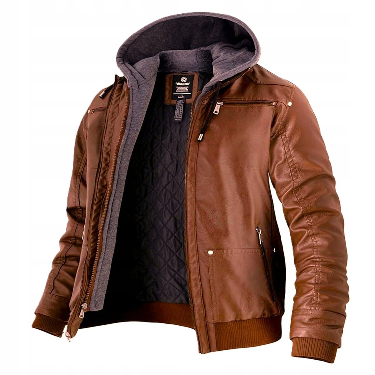 kurtka męska eko skóra Wantdo brązowa kaptur XL