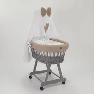 Łóżeczka i kojce - Wiklinowy kosz Mojżesza LENA szary z pościelą wafelkową beżową - królik i sowa. - miniaturka - grafika 1