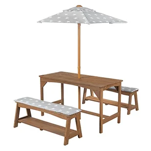 roba Dziecięcy zestaw mebli na zewnątrz + 1 stół, 2 ławki - Parasol słoneczny & poduszki siedziskowe Little Stars - Lite drewno tekowe - Stoliki dla dzieci - miniaturka - grafika 1