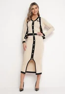 Komplety damskie - Beżowy 3-Częściowy Komplet Ozdobiony Napami z Kieszeniami Bluzka bez Rękawów Spódnica z Rozcięciem Kardigan Violel - miniaturka - grafika 1