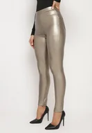 Legginsy - Złote Legginsy z Ekoskóry z Wysokim Stanem i Imitacją Kieszeni Merievia - miniaturka - grafika 1