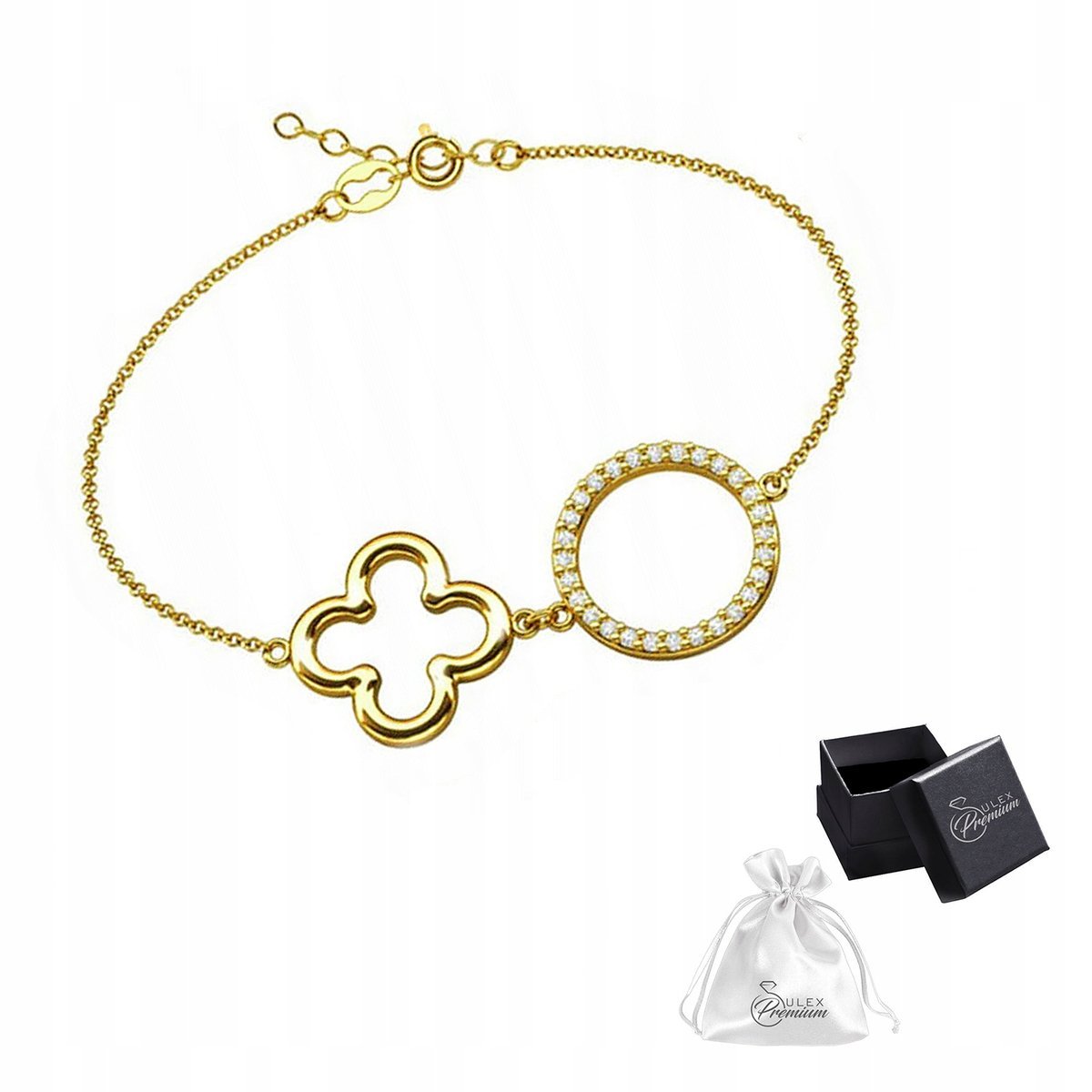 Bransoletka srebrna pr. 925 Złota Celebrytka Kółeczko-Koniczynka Cyrkonie