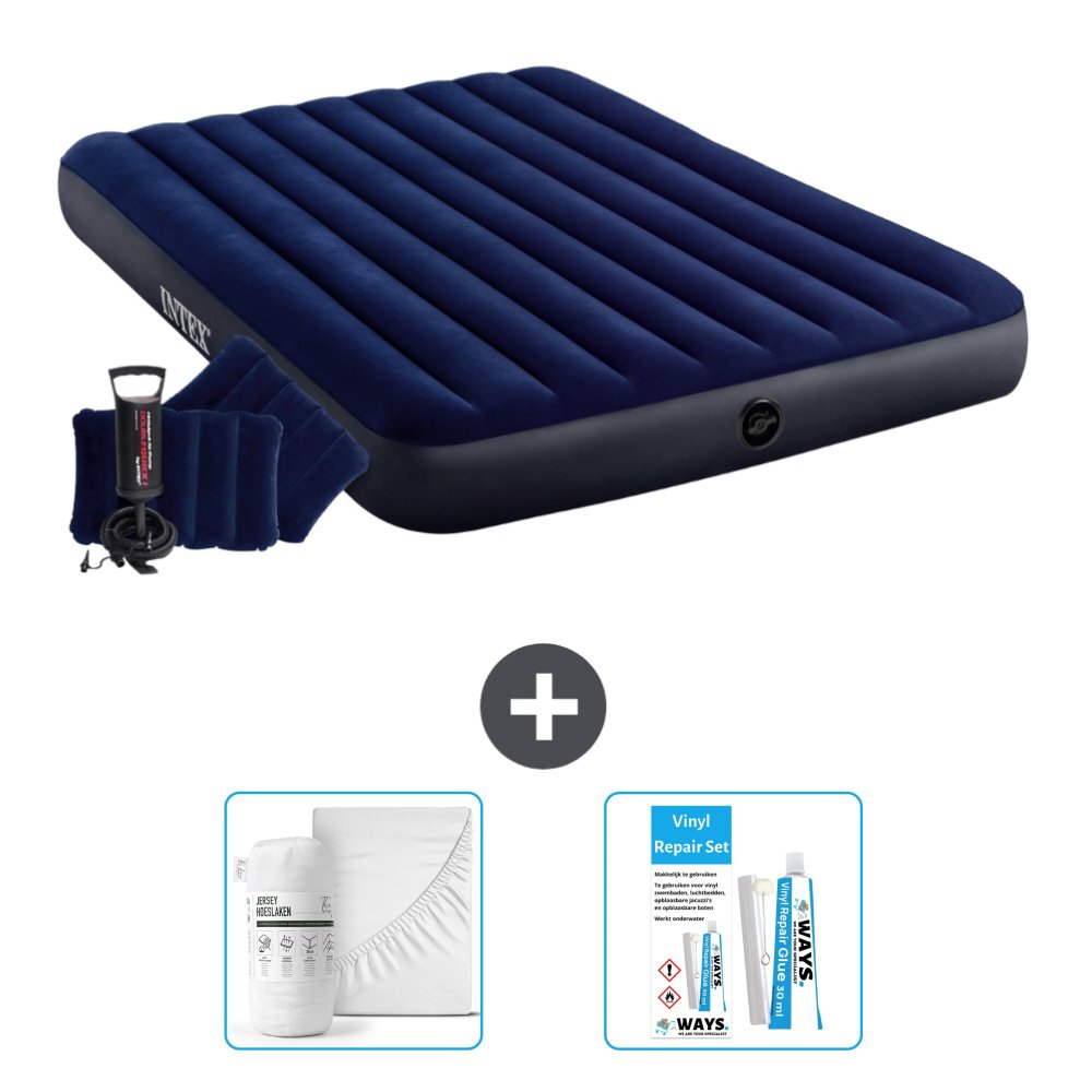 Łóżko powietrzne Intex - 2 osoby - 152 x 203 x 25 cm - Niebieski - W zestawie pompka ręczna - poduszka - prześcieradło i zestaw naprawczy