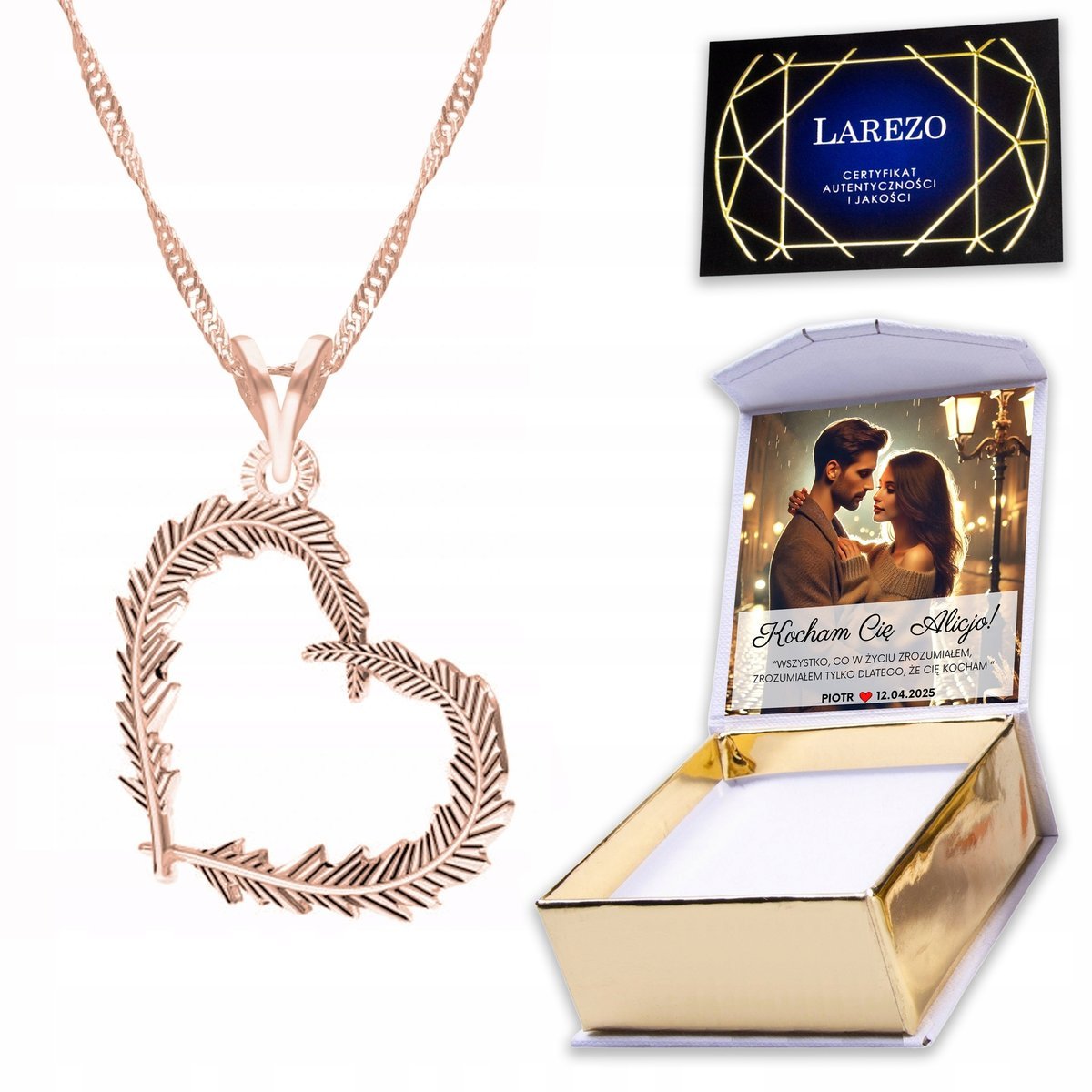 Naszyjnik Pozłacany 925 z Piórem Sercem Piórko Pióro Serce Serduszko NADRUK