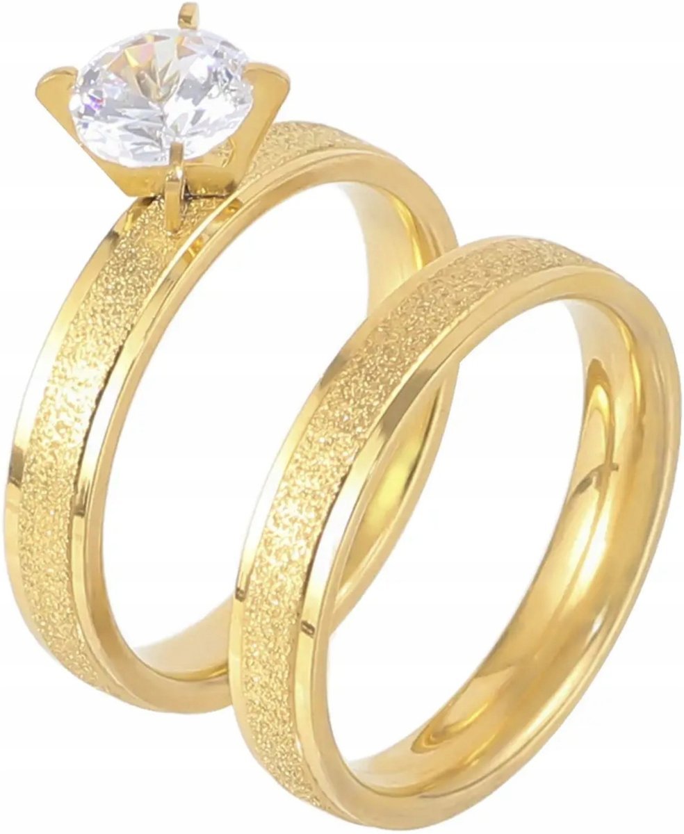 Zestaw Dwóch Złotych Pierścionków Brylant Cyrkonia Stal Szlachetna